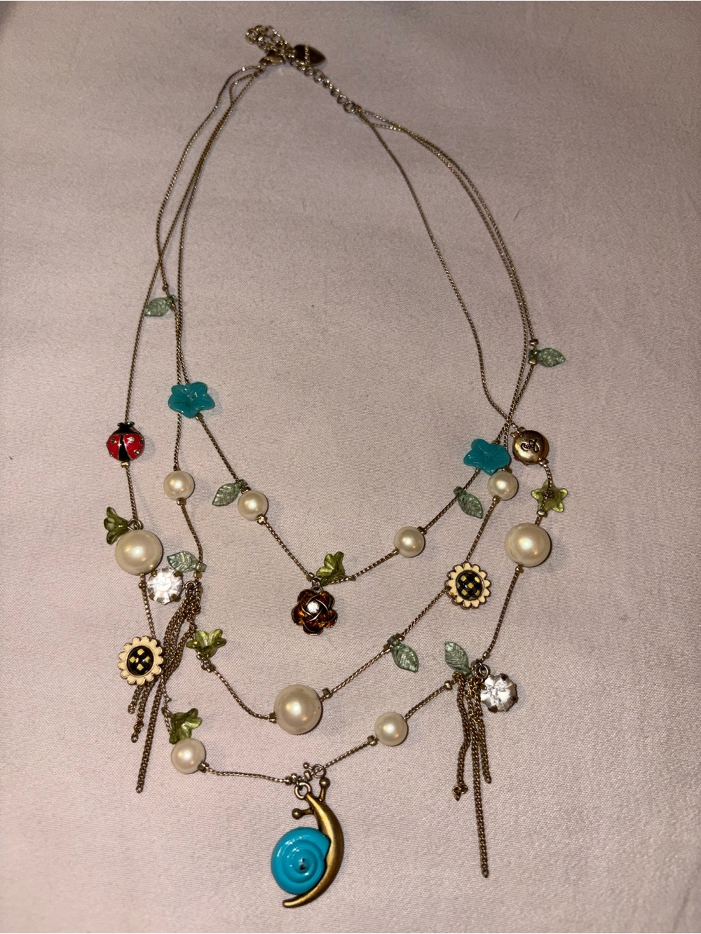Multi-Strand Floral Pearl Necklace with Turquoise Charm